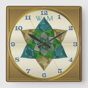 Horloge Carrée Art Deco Peacock Feather Inspecred Mandala Monogra