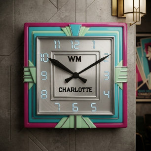 Horloge Carrée Art déco rétro des années 1980 Néon rose sarcelle