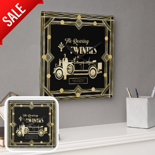Horloge Carrée Art Déco Roaring Twenties Vintage Car Black Gold