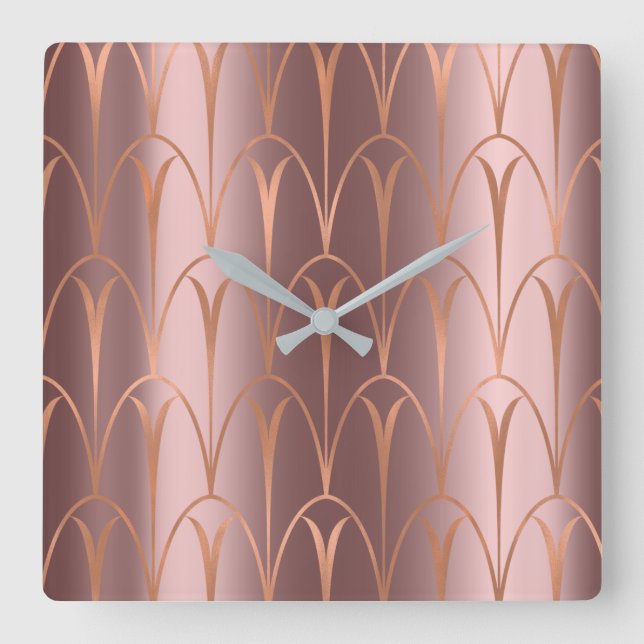 Horloge Carrée Art Déco Rose Gold Copper Géométrie minimale (Recto)