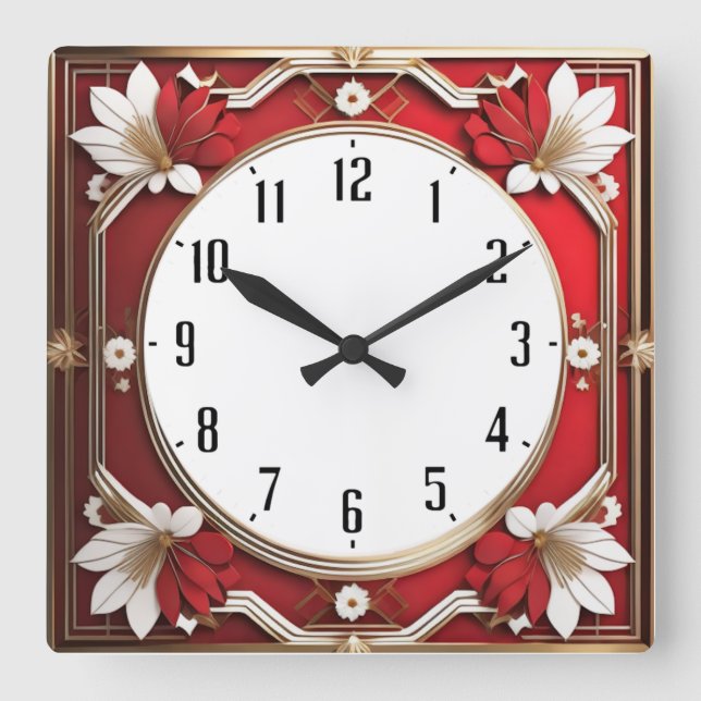 Horloge Carrée Art déco rouge (Recto)