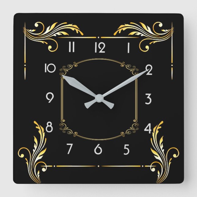 Horloge Carrée Art déco simple noir (Recto)