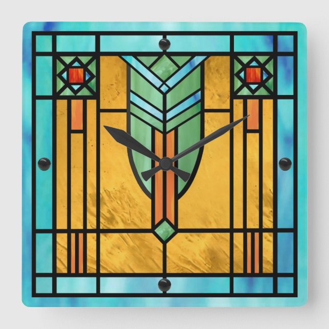 Horloge Carrée Art déco stained Glass 3 Square Wall Clock (Recto)