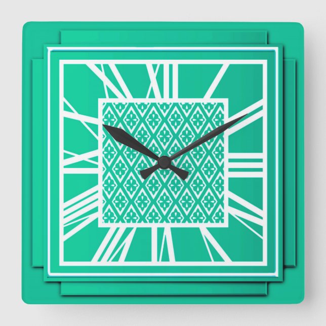 Horloge Carrée Art déco, turquoise / paon (Recto)