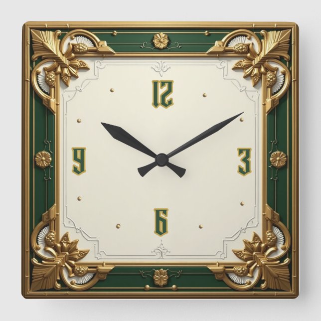 Horloge Carrée Art Déco Vert Élégant (Recto)