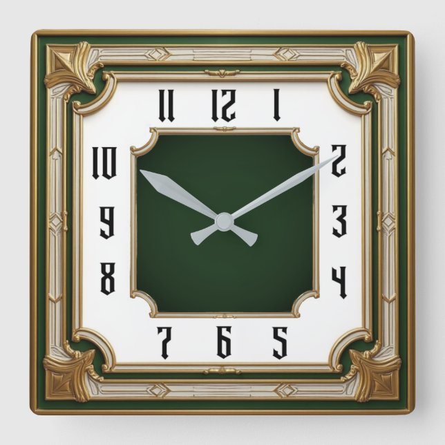 Horloge Carrée Art Déco Vert Élégant (Recto)