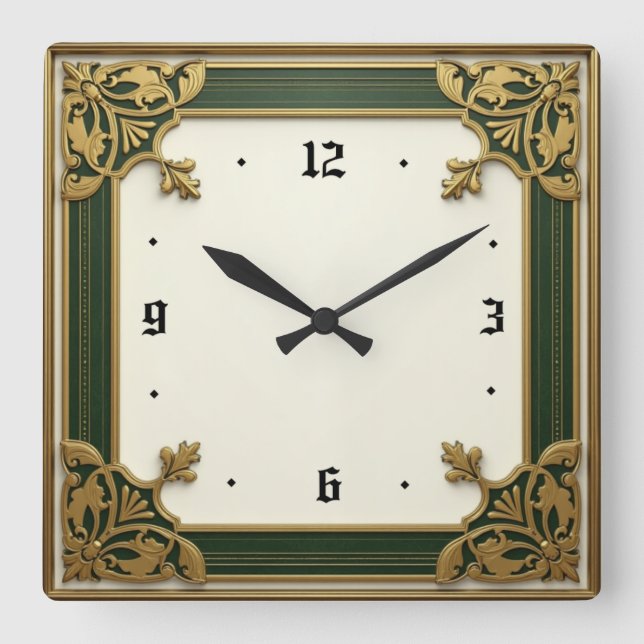 Horloge Carrée Art Déco Vert Élégant (Recto)