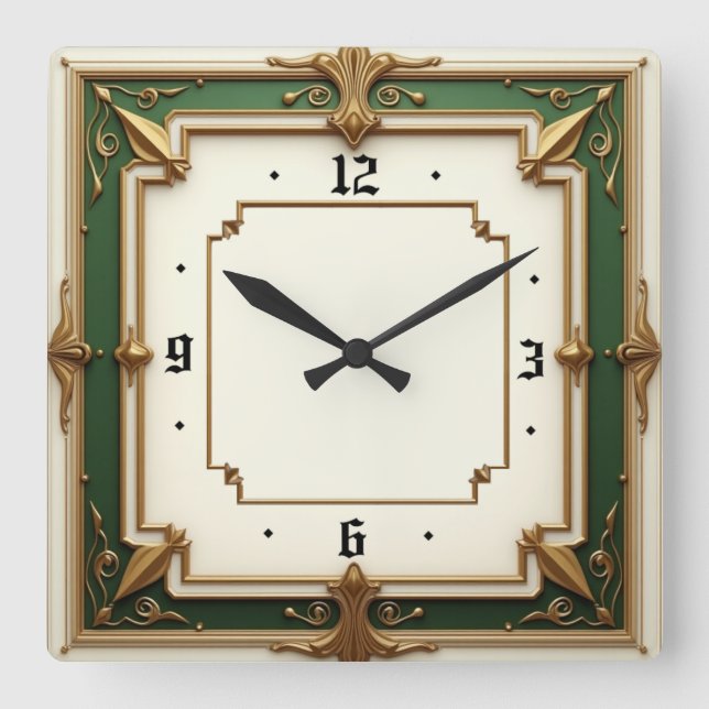 Horloge Carrée Art Déco Vert Élégant (Recto)