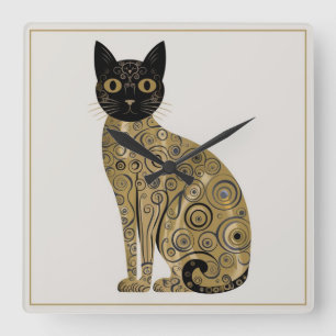 Horloge Carrée Art décoratif de chat noir dans le style de Gustav