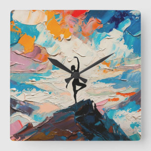Horloge Carrée Art du Yoga : Beauté Équilibrée (Peinture à l'Huil
