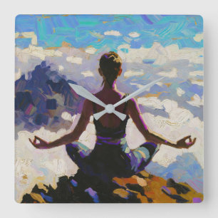 Horloge Carrée Art du Yoga : Beauté Équilibrée (Peinture à l'Huil