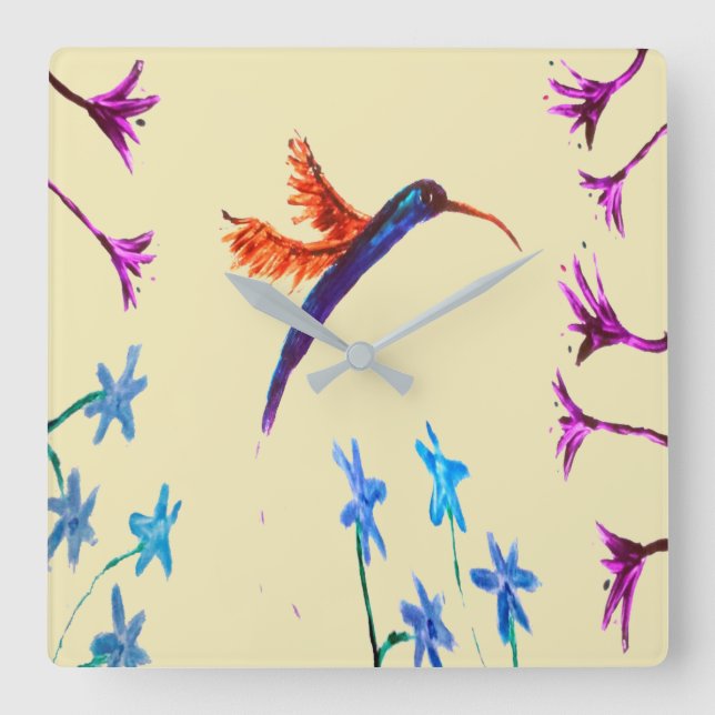 Horloge Carrée Art floral colibri (Recto)