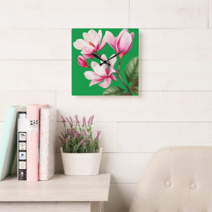 Horloge Carrée Art Floral simple rose élégant