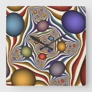 Horloge Carrée Art fractal abstrait moderne et coloré qui s'envol