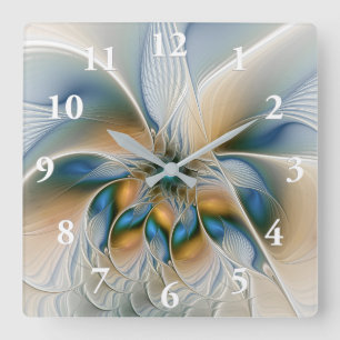 Horloge Carrée Art fractal de fantaisie abstraite avec du bleu