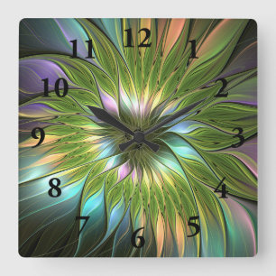 Horloge Carrée Art Fractal Fleur Imaginaire Coloré Lumineux