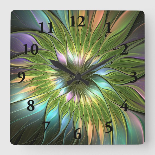 Horloge Carrée Art Fractal Fleur Imaginaire Coloré Lumineux (Recto)