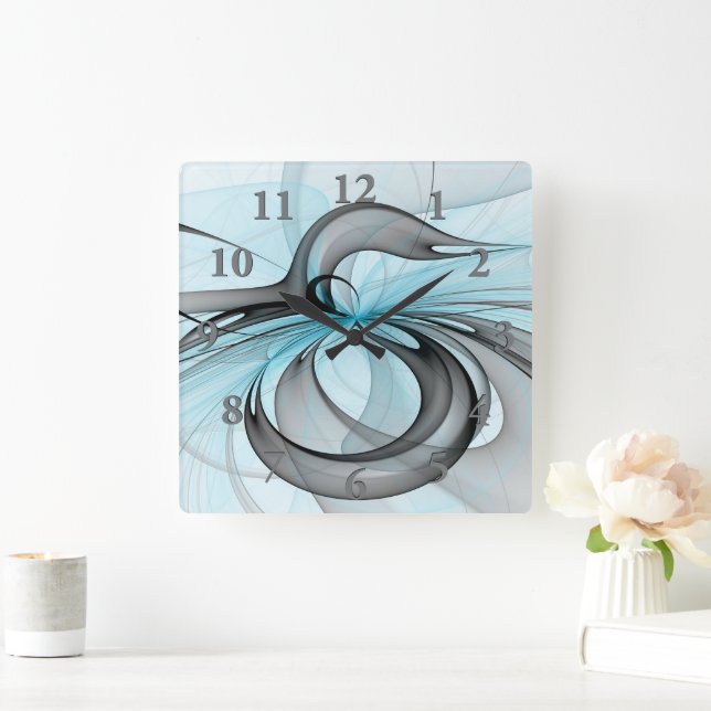 Horloge Carrée Art fractal moderne gris anthracite abstrait bleu (Maison)