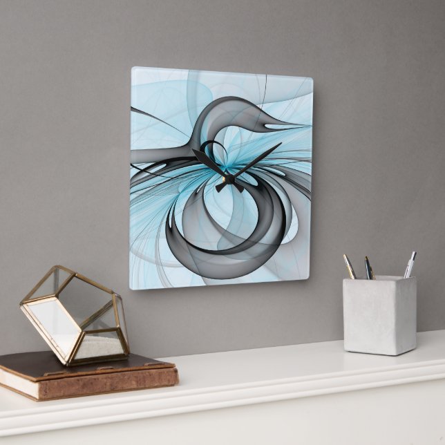 Horloge Carrée Art fractal moderne gris anthracite abstrait bleu (Bureau)
