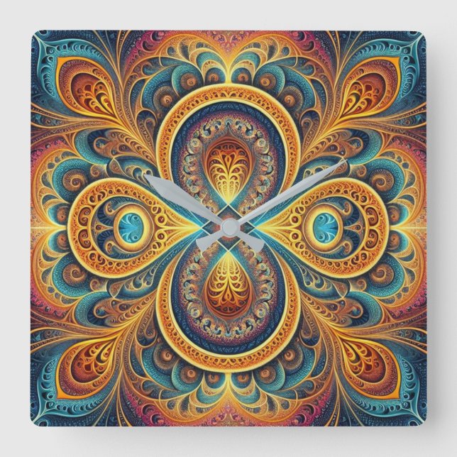 Horloge Carrée Art fractal vibrant (Recto)