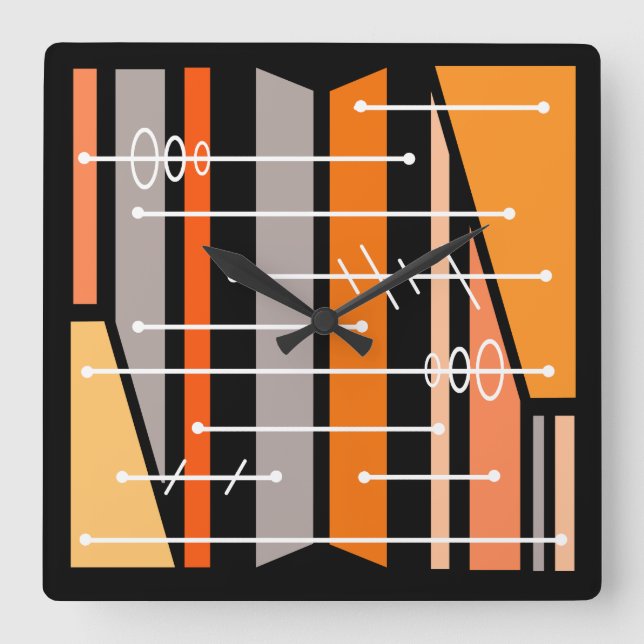 Horloge Carrée Art géométrique atomique Abstrait noir orange (Recto)