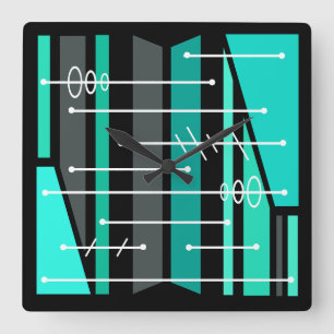 Horloge Carrée Art géométrique atomique Abstrait Turquoise noir