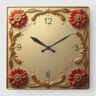 Horloge Carrée Art Golden Flower