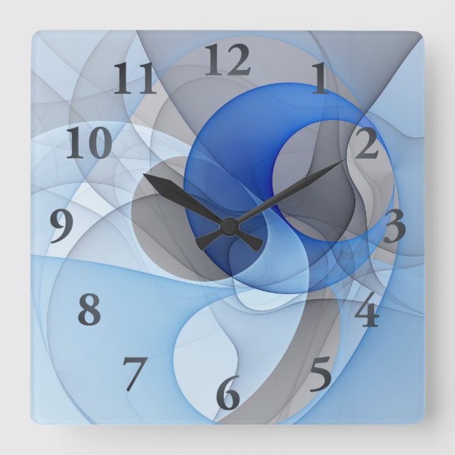 Horloge Carrée Art graphique fractal abstrait bleu gris moderne (Recto)