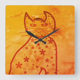 Horloge Carrée Art, Joli chat Clipart orange