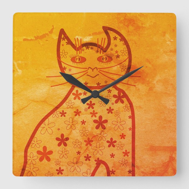 Horloge Carrée Art, Joli chat Clipart orange (Recto)