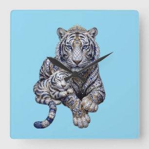 Horloge Carrée Art Majestueux du Tigre Blanc Royal Joyau
