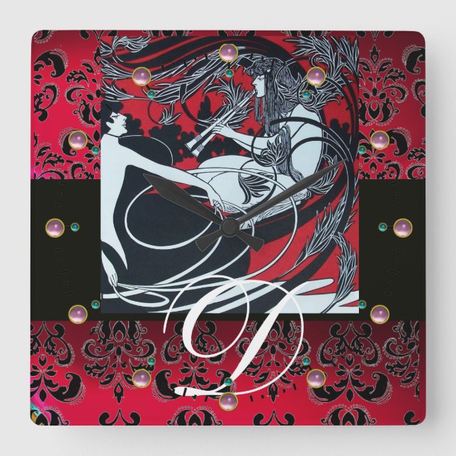 Horloge Carrée ART NOUVEAU FAUN Red Burgundy, Black Damask (Recto)