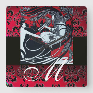 Horloge Carrée ART NOUVEAU FAUN Red Burgundy, Black Damask