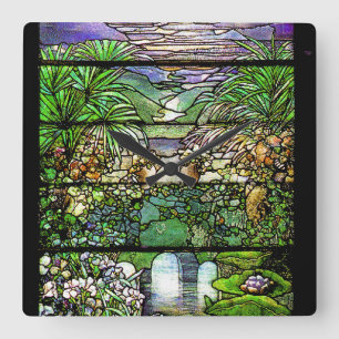 Horloge Carrée Art Nouveau Stained Glass Tiffany Nature