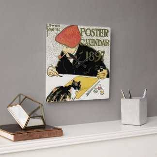 Horloge Carrée Art Nouveau vintage, artiste peignant avec un chat