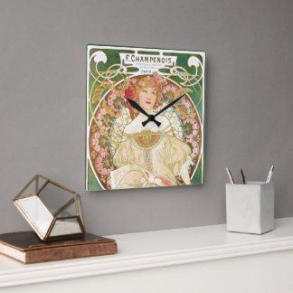 Horloge Carrée Art Nouveau vintage, Champenois par Alphonse Mucha