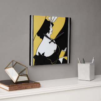 Horloge Carrée Art Nouveau vintage, femme lisant un livre jaune