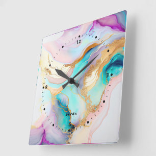 Horloge Carrée Art parties scintillant abstrait en marbre pastel