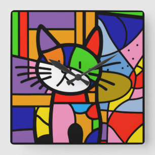 Horloge Carrée Art Pop Design de chat Vibrant et Coulourd