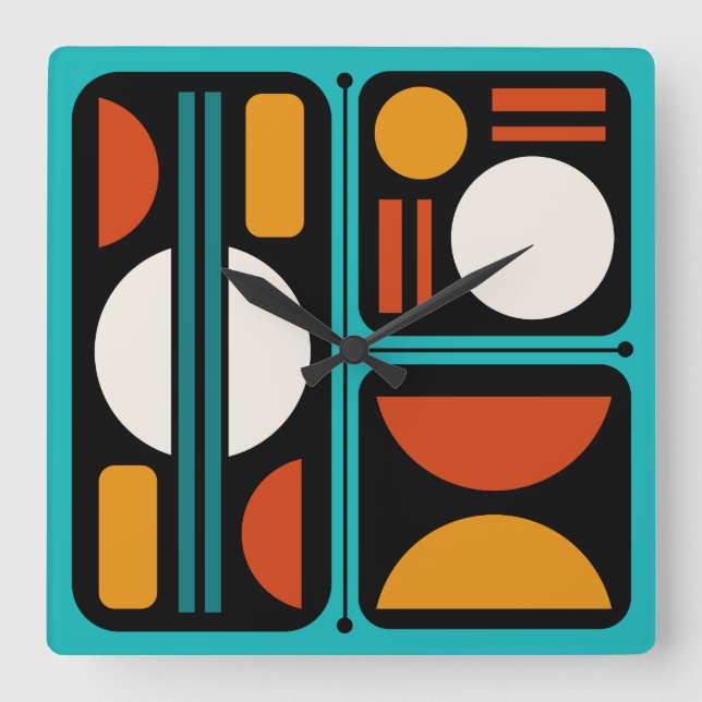 Horloge Carrée Art rétro Abstrait géométrique Turquoise Orange (Recto)