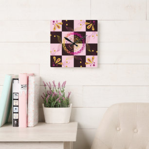 Horloge Carrée Art rose et noir, tableau de bord mystique