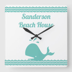 Horloge Carrée Artic Teal Blue Whale & waves Blue & White coastal