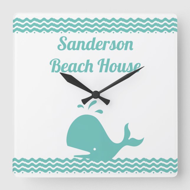 Horloge Carrée Artic Teal Blue Whale & waves Blue & White coastal (Recto)