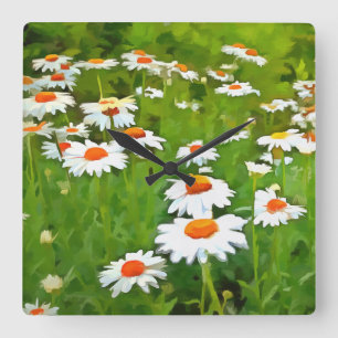 Horloge Carrée Artistic Bright and Colorful White Garden Daisies