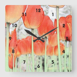Horloge Carrée artistic style red tulip flowers. floral garden