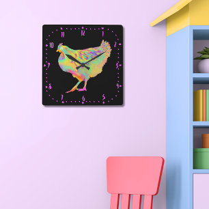 Horloge Carrée Artsy Colourful Dancing Chicken Funny Farm Hen Art
