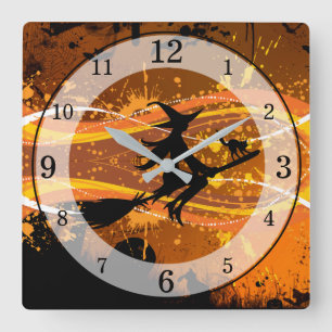Horloge Carrée Artsy, Sorcière volante Cool Silhouette Halloween