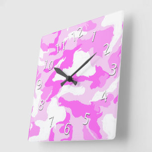 Horloge Carrée Artwork Arrière - plan de Camouflage blanc rose Fi