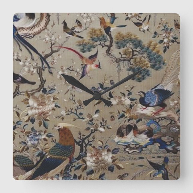 Horloge Carrée asiatique, antique, soie, Peinture, nature, Oiseau (Recto)