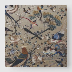 Horloge Carrée asiatique, antique, soie, Peinture, nature, Oiseau
